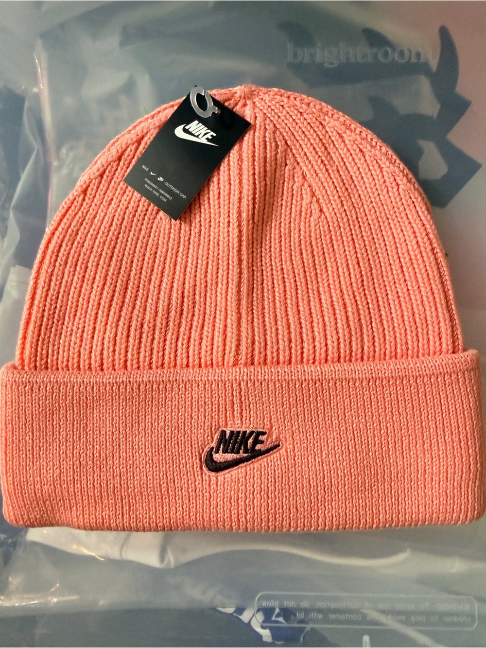 Nike Coral Pink Ribbed Cuff Beanie with Embroidered Swoosh
